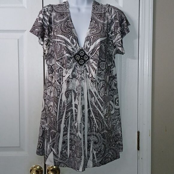 Apt 9 black gray white short sleeve casual blouse Sz 1X NWOT - Picture 1 of 8
